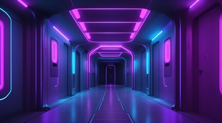 Abstract background of futuristic corridor with purple and blue neon lights