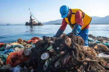 Ocean cleanup crew removing plastic pollution background with empty space for text 