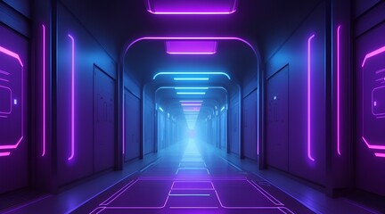 Abstract background of futuristic corridor with purple and blue neon lights