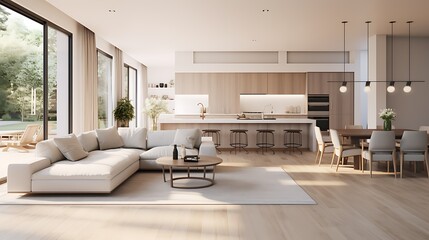 A modern minimalist home interior design with clean lines, sleek furniture, and neutral color palette, featuring an open-concept living space connected to a spacious kitchen, bathed in natural light - Powered by Adobe
