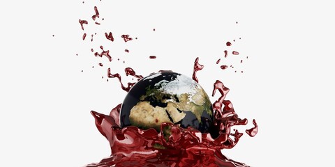 Earth fall into puddle of blood with the middle eastern visible, metaphor of falling into war or tragic even of humanity, white background, 3d render - obrazy, fototapety, plakaty