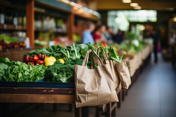 Grocery shopping with reusable bags and containers at a local market  - obrazy, fototapety, plakaty