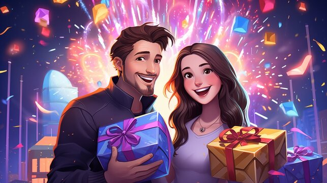 happy couple standing with presents and fireworks in the background, Black Friday concept. Fantasy concept , Illustration painting.