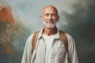 Portrait of a content man in his 60s sporting a breathable hiking shirt against a plain white digital canvas. AI Generation