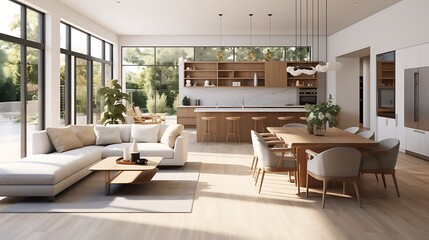 Fototapeta na wymiar A modern minimalist home interior design with clean lines, sleek furniture, and neutral color palette, featuring an open-concept living space connected to a spacious kitchen, bathed in natural light