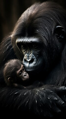 gorila com filhote, Foto adorável Amor de Mãe