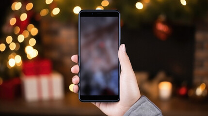 Fototapeta na wymiar Hand holding a smartphone in front of christmas tree with lights on background.