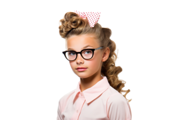 A young Girl Dressed as a superstar with a beautiful smile on a white Background with Space for Copy isolated PNG