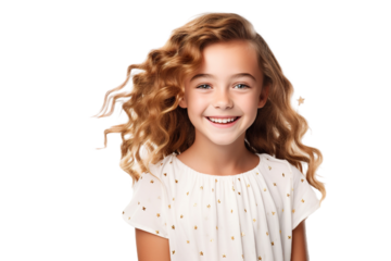 A young Girl Dressed as a superstar with a beautiful smile on a white Background with Space for Copy isolated PNG