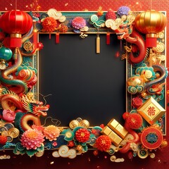 Chinese New Year Template with Dragon Frame and Lanterns, Flowers, Chinese Decorations 3D Background with blank copy space red color