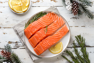 raw salmon fillet in a Christmas composition