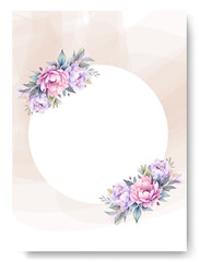 Social media watercolor purple peony floral wedding invitation card template set. Rustic wedding card.