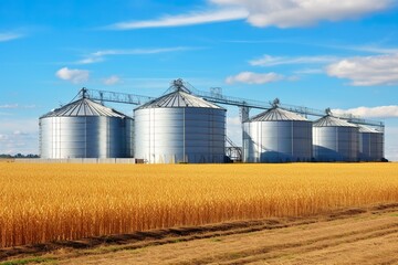 Agro silos granary in wheat field. Storage of agricultural production