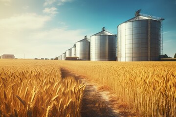 Agro silos granary in wheat field. Storage of agricultural production - obrazy, fototapety, plakaty