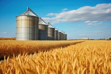 Agro silos granary in wheat field. Storage of agricultural production - obrazy, fototapety, plakaty