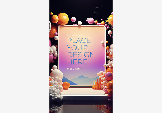 Fantasy Vivid Frame Mockup Template with Colorful Background, Laptop Screen, Balloons, and Clouds - Place Your Design Here! Frame Mockup Template Frame