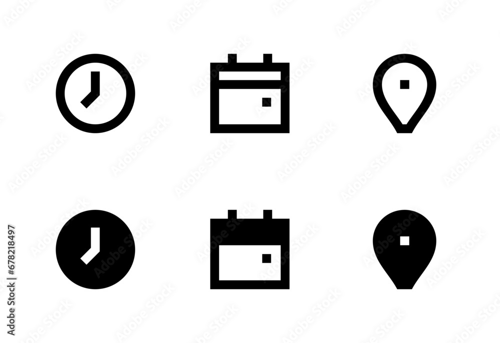 Poster time, date and address vector icons. clock, calendar and location icon set.