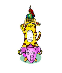 Cat general riding a stuffed elephant