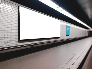 Blank horizontal big poster in public place. Billboard mockup on subway station.
