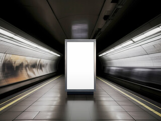 Blank vertical big poster in public place. Billboard mockup on subway station.