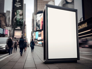 Blank vertical city banner on the sidewalk. Billboard mockup on the street. Generative AI technology.