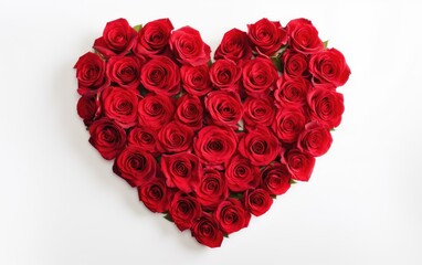 Red roses arranged in a heart shape on white isolated background.