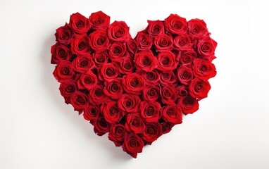 Red roses arranged in a heart shape Valentine or wedding on white isolated background.