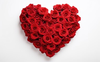 Red roses arranged in a heart shape Valentine or wedding on white isolated background.