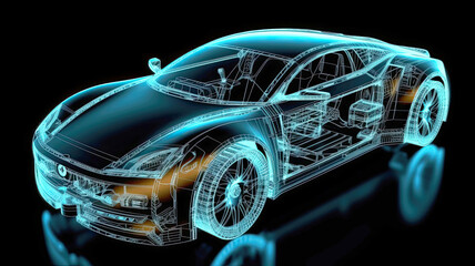 Futuristic car with an engine powered by hydrogen cells. Wireframe view. - obrazy, fototapety, plakaty
