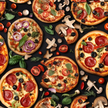 Italian pizza, seamless pattern with ingredient pieces. Close up top view.