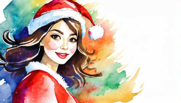 Santa Claus in colorful watercolor style with copy space on a side