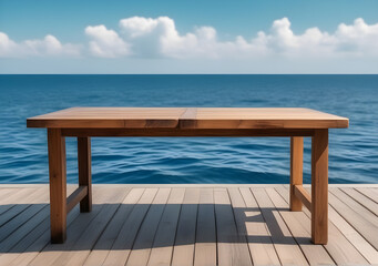 Fototapeta na wymiar Wooden table on the background of the sea, island and the blue sky. High quality photo. AI Generative