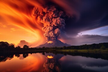 A volcanic eruption generating dark ash clouds and ascending gases into the sky