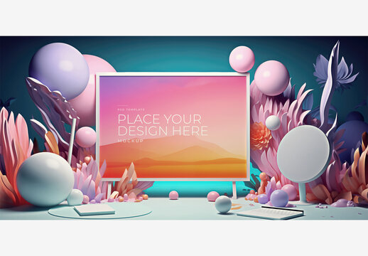 Frame Mockup Template Fantasy Vivid: Computer Screen with Pink and Purple Backgrounds, Place Your Design Here Sign, Blue Background