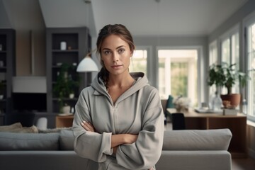 Portrait of a content woman in her 30s wearing a windproof softshell against a crisp minimalistic living room. AI Generation