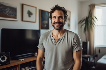 Portrait of a blissful man in his 30s sporting a vintage band t-shirt against a crisp minimalistic living room. AI Generation