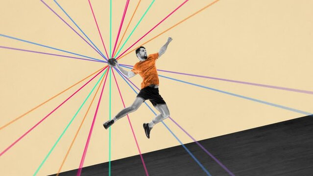 Young man, professional athlete in motion, playing handball over pastel background with colorful lines. Stop motion, animation. Concept of professional sport, creativity, healthy and active lifestyle