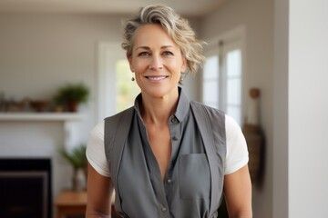 Portrait of a happy woman in her 40s dressed in a polished vest against a crisp minimalistic living room. AI Generation