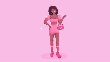 African girl in trendy pink aesthetic. Barbicore aesthetic. Young stylish woman in pink trendy clothes with a bag. Vector illustration in cartoon style.
