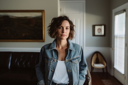 Portrait of a content woman in her 40s sporting a rugged denim jacket against a crisp minimalistic living room. AI Generation