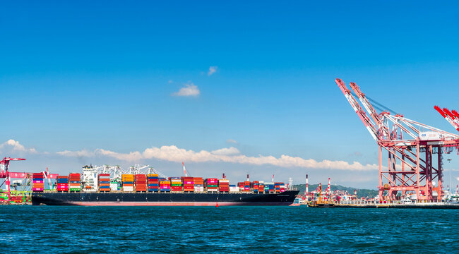 Kaohsiung, Taiwan- June 3, 2020: The container ship is sailing into Kaohsiung Second Harbor, Taiwan.