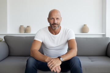 Fototapeta premium Portrait of a glad man in his 40s donning a trendy cropped top against a crisp minimalistic living room. AI Generation