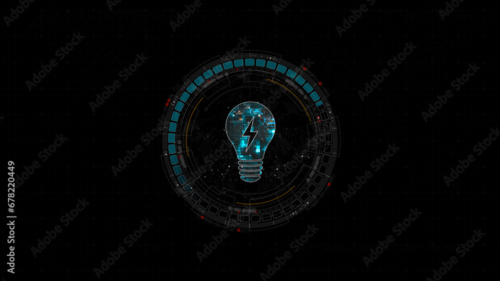 Poster blue digital lamp logo and circle futuristic hud elements with flowing arrows with lightbulb and ide