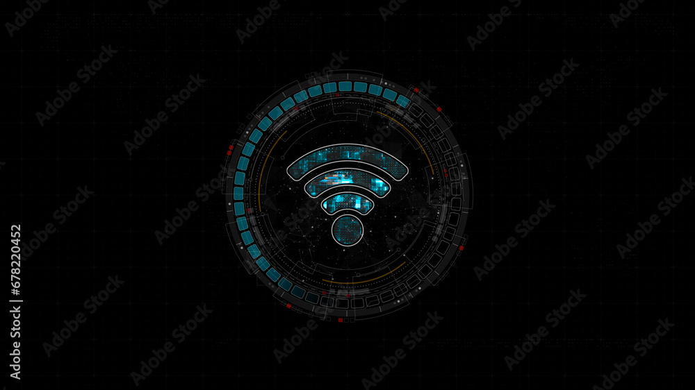 Poster Blue digital WIFI logo and circle futuristic HUD elements with flowing arrows with data transfer and Wireless Fidelity connection concepts on abstract background