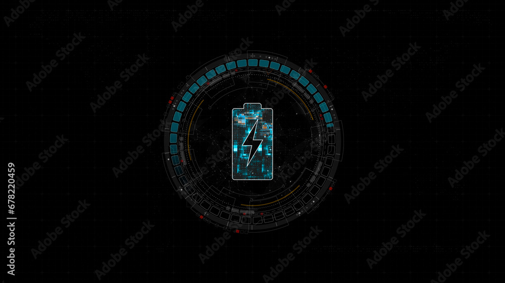 Wall mural blue digital battery logo and circle futuristic hud elements with flowing arrows with power reserve 