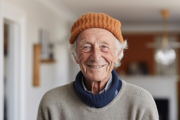 Portrait of a smiling man in his 80s dressed in a warm wool sweater against a crisp minimalistic living room. AI Generation - obrazy, fototapety, plakaty