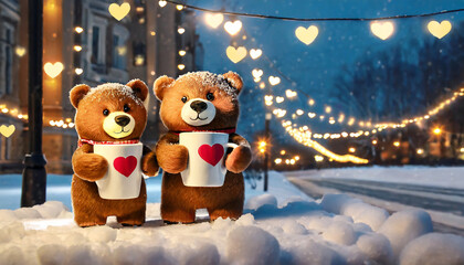 Two cartoon cute bears holding mugs