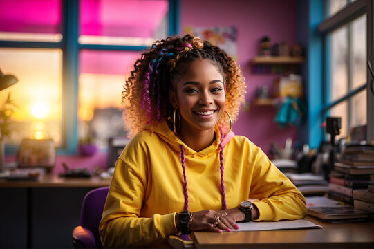 Gen Alpha - Black Teen Girl with Pink Hair on a Colored Background