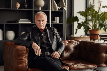 Fototapeta premium Portrait of a glad man in his 60s sporting a stylish leather blazer against a crisp minimalistic living room. AI Generation