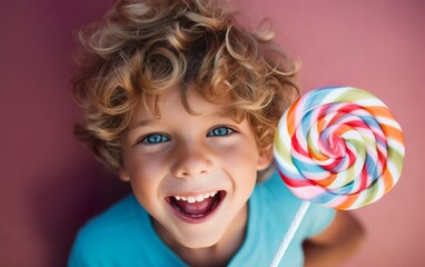 Fototapeta na wymiar Smiling child with lollipop, Generative AI